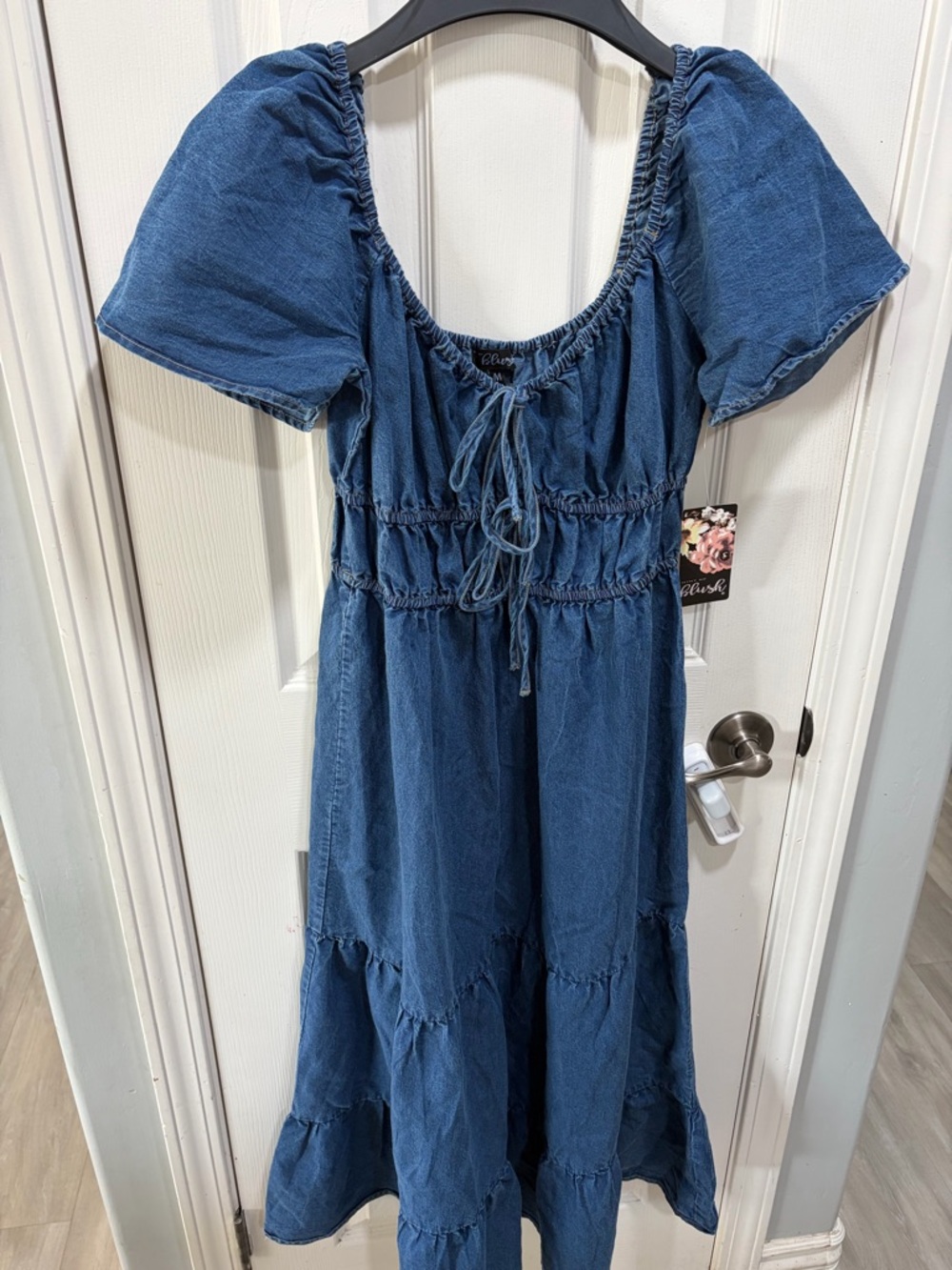 Bliss Dark Blue Denim Dress with Elastic Neckline